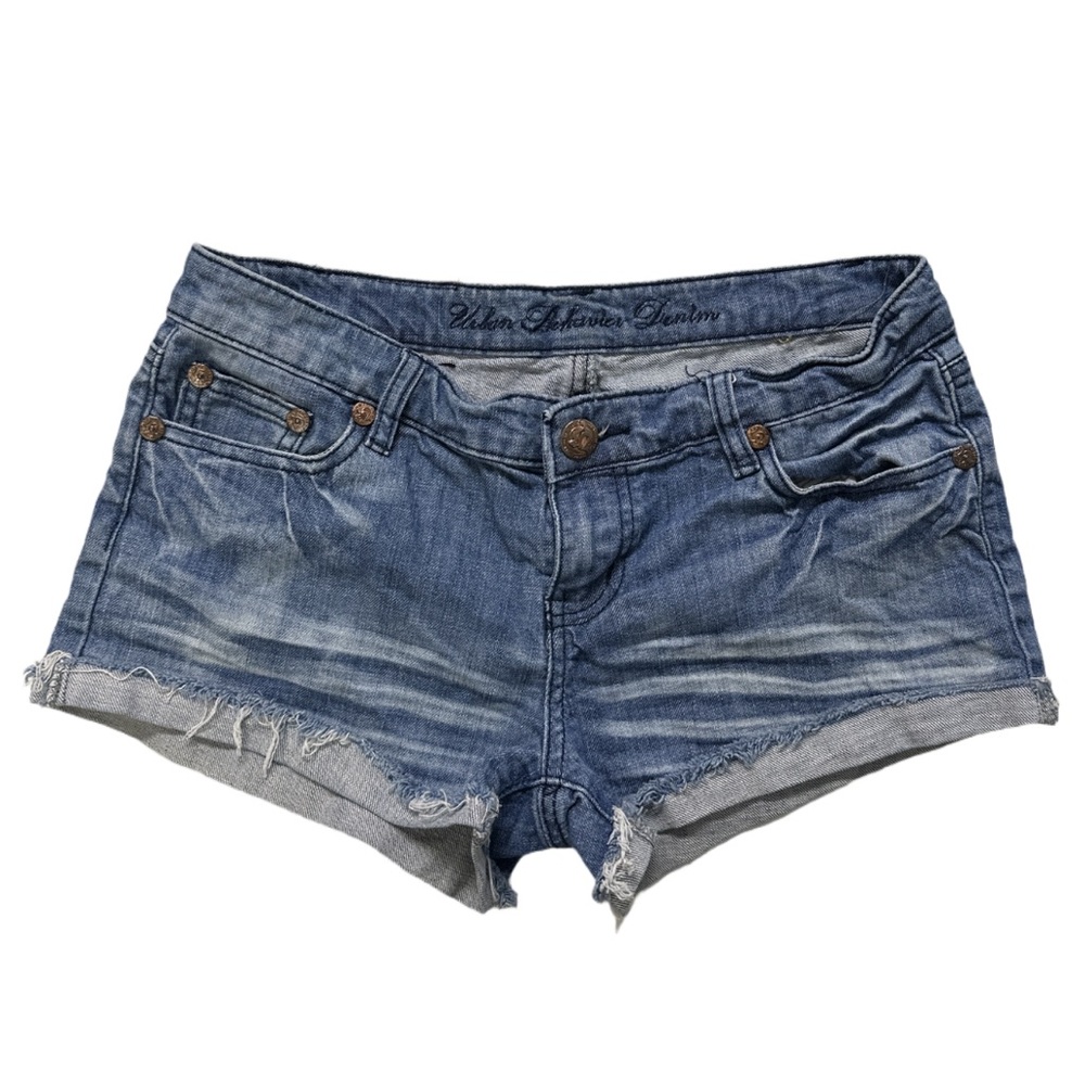 Y2K URBAN BEHAVIOUR women's light faded lowrise foldover mini denim shorts, 29".
